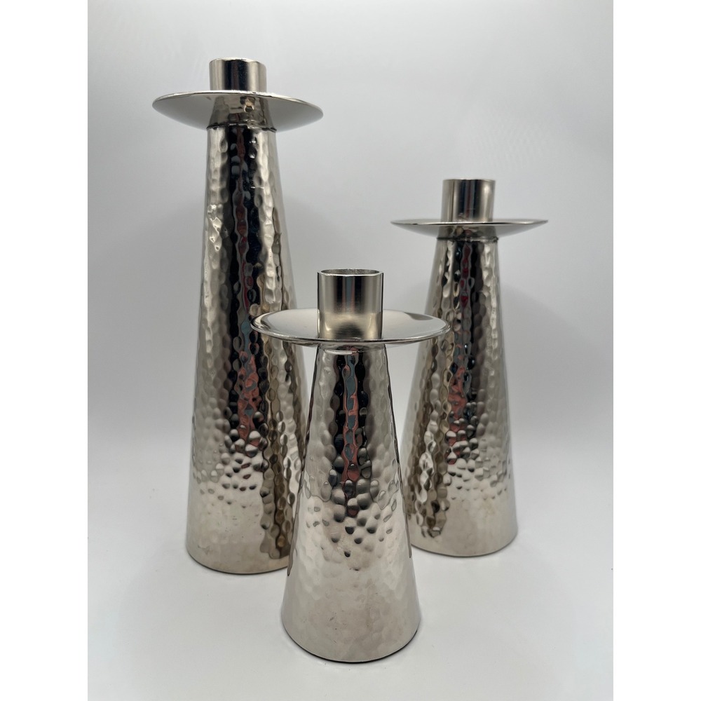 Ganz Silver Hammered Metal Taper Candlestick Holders Set of 3 Tapered Conical